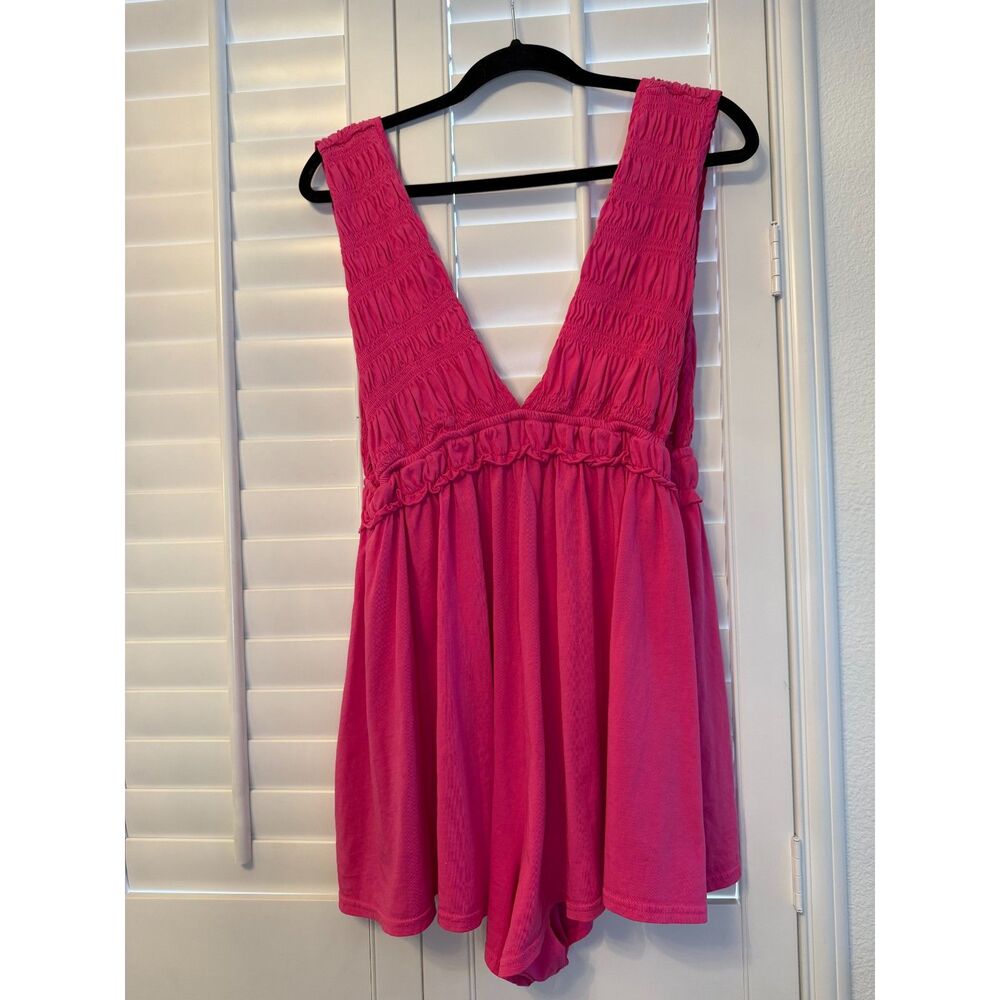 Anthropologie Hot Pink Smocked V-Neck Romper